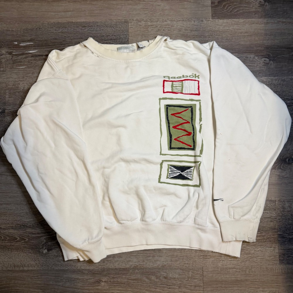 Vintage Reebok Golf Distressed Graphic Sweatshirt Cream Mens Medium 90s Pullover